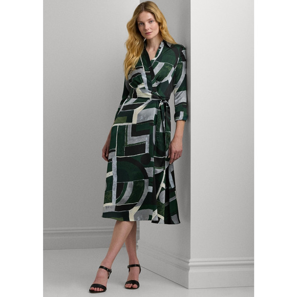 Lauren Ralph Lauren Women Geo Print Satin Charmeuse Dress Green Multi Size 16 Lauren Ralph Lauren Women Geo Print Satin Charmeuse Dress Green Multi Size 16